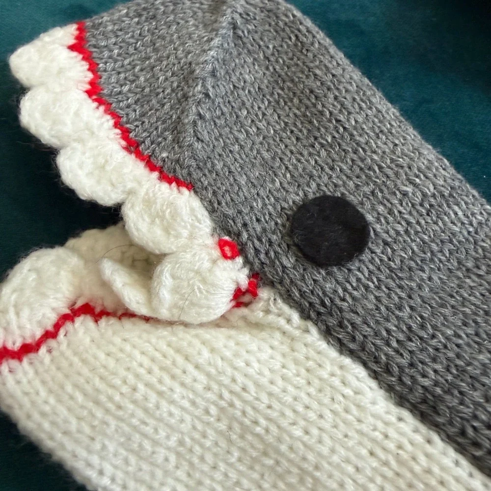 Handmade Knit Shark Socks Grey White Red Novelty Fun Animal House Slippers